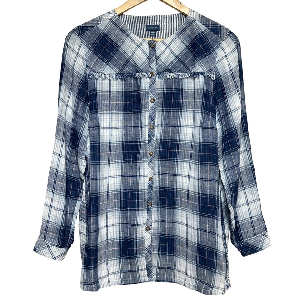 J. Jill Plaid Gauze Button Down Shirt Womens L Petite Roll Tab‎ Sleeves Casual